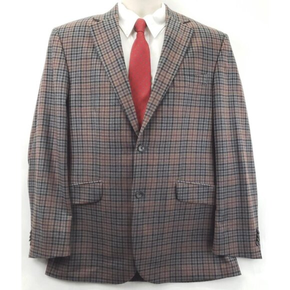 Paul Fredrick Sport Coat Mens 42R Gray Red Check Wool Single Breasted Business